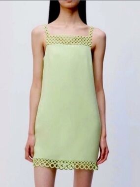 Jonathan Simkhai Sz 6 Dress Lime Green Marlie Crochet Embellished Crepe Mini。